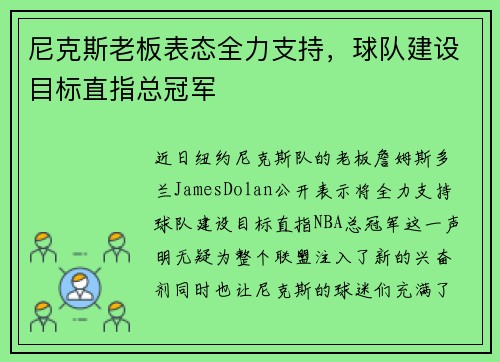 尼克斯老板表态全力支持，球队建设目标直指总冠军